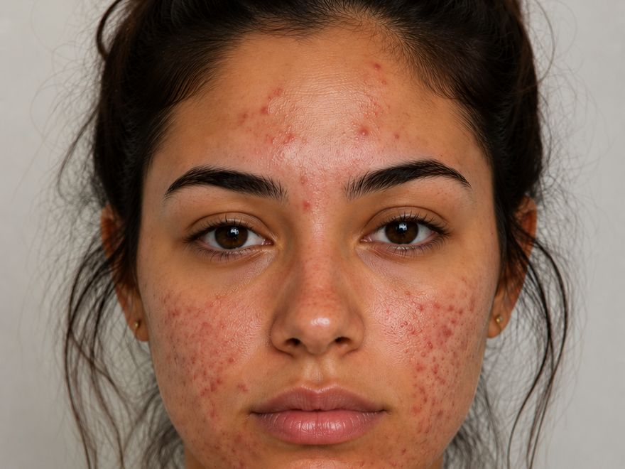 Rosto de mulher jovem com lesões de acne nas bochechas e testa