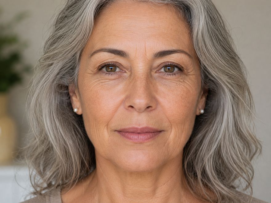 Mulher de cabelos grisalhos, pele madura, expressão serena