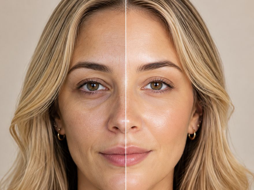Comparação lado a lado de pele opaca e pele com aparência luminosa
