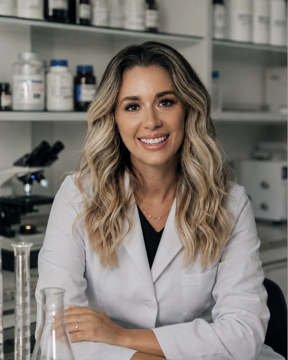Marina Duarte, farmacêutica, em bancada de laboratório